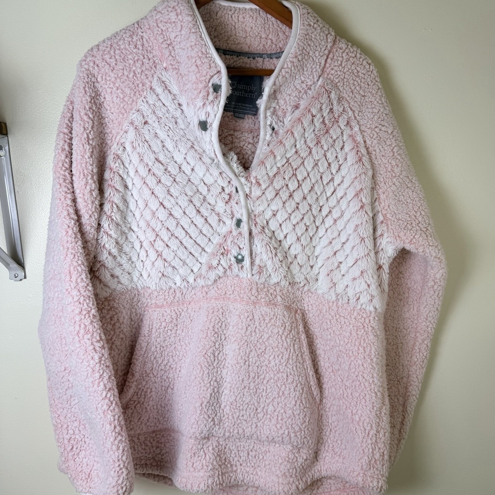 Simply Southern Sherpa Pullover Women's XXL, Pink Plush Teddy Bear